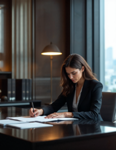 A lawyer in a sleek office, reviewing documents at a polished desk with a cityscape visible through the window