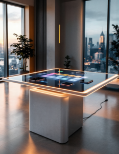 A levitating desk with no visible supports, the desk is made of a sleek, transparent material, with a built-in touchscreen surface and wireless charging pads for devices