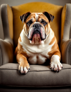 A loyal bulldog proudly sitting on a soft armchair, with a dignified expression