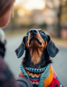 A loyal dachshund wearing a colorful sweater, looking up at its owner with adoration