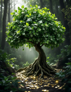 A lush green tree with dollar bills as leaves and coins scattered around its roots, set in an enchanted forest