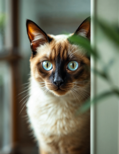 A majestic Siamese cat peeking out from behind a potted plant, eyes full of mystery