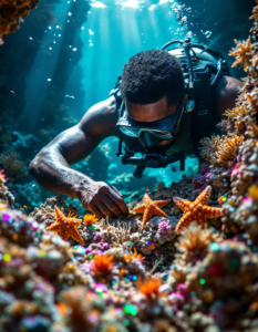 A male diver of African descent carefully inspecting ancient shipwreck artifacts underwater