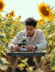 A male researcher of Asian descent studying soil samples in a vast agricultural field, with a microscope and portable testing kit on a small plastic table