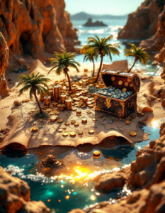 A map marked with gold coins, stacks of cash, and a pirate chest hidden amidst an island