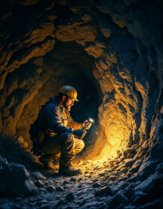 A miner underground, illuminated only by a headlamp, chipping away at a rock wall in search of valuable ore