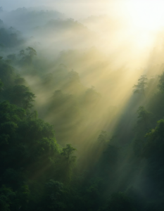 A misty rainforest at dawn, with rays of sunlight piercing through the fog, illuminating the dense greenery