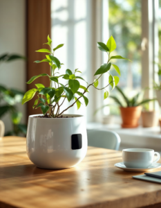 A modern, ceramic plant pot with a small digital screen embedded in the side, the screen displays real-time data about the plant’s health, while a robotic arm waters it automatically