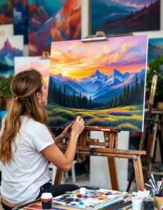 A painter in a studio filled with vibrant canvases, carefully adding details to a stunning landscape on an easel