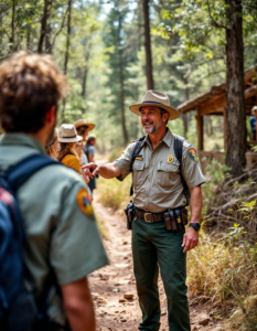 A park ranger giving a tour to excited visitors, pointing out wildlife tracks on a dirt trail in a national park