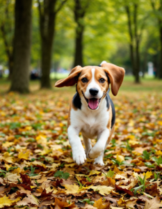 A playful beagle with its ears flopping as it runs through a leafy park