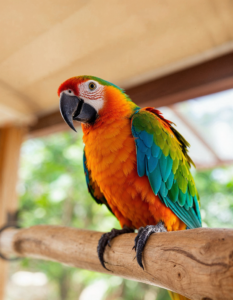 A playful parrot perched on a wooden perch, with vibrant feathers glistening in the light