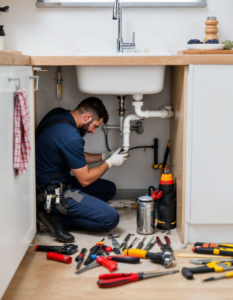 A plumber under a kitchen sink, tools spread around them as they work to fix a leaking pipe