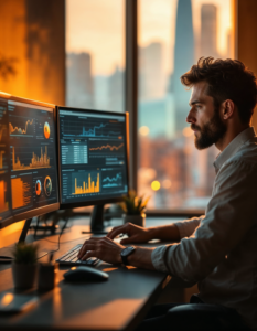 A professional at a computer station analyzing data from field sensors tracking air quality and carbon emissions