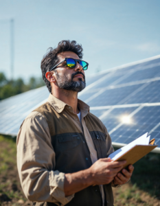 A professional in a solar farm inspecting rows of panels with a clipboard, while sunlight glints off the glass