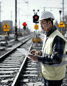 A professional inspecting a railway crossing, documenting safety issues with a camera and laptop