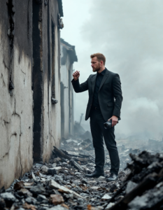 A professional inspecting the charred remains of a building, documenting findings with a camera and collecting small evidence samples