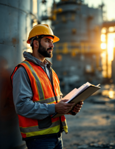 A professional inspecting treatment tanks at a large facility, wearing safety gear and holding a clipboard filled with blueprints