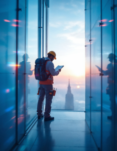 A professional inspecting window ledges and anchor points at the top of a skyscraper, documenting potential safety hazards