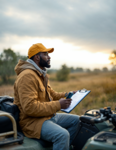 A professional on an ATV inspecting land for a future wind farm, marking spots on a GPS device while the landscape stretches endlessly