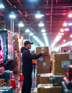 A professional organizing relief packages in a busy distribution center, with pallets of food and medical supplies being loaded onto trucks