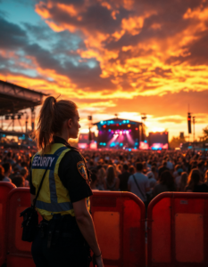 A professional setting up crowd control barriers and checking fire exits at a large outdoor concert venue