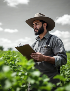 A professional surveying a crop field for signs of infestation, documenting findings and offering eco-friendly solutions