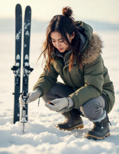 A researcher analyzing snow samples in a remote, snowy landscape, with skis and an ice drill nearby