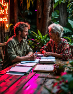 A researcher interviewing an elder in a remote village about the medicinal uses of local plants, with notebooks and samples neatly organized