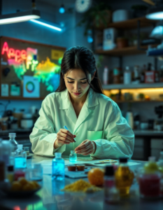 A scientist in a lab coat testing formulas in small vials, surrounded by ingredients, charts, and sensory analysis equipment