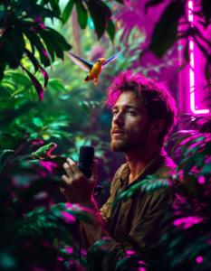 A scientist in a rainforest recording animal calls with a specialized microphone, surrounded by dense foliage and vibrant wildlife