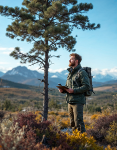 A scientist setting up wildlife cameras and monitoring vegetation in a sprawling national park, with a clipboard and GPS device in hand