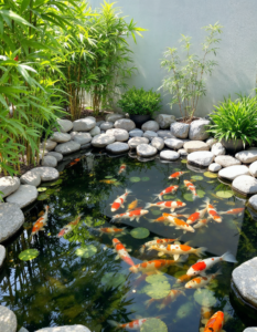 A serene koi pond in a Zen garden, surrounded by smooth stones and vibrant green bamboo