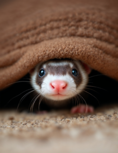 A shy ferret peeking out from under a couch, with only its nose showing