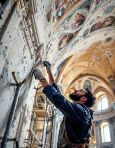 A skilled worker applying decorative plaster to the ceiling of an old cathedral, surrounded by scaffolding and historical references