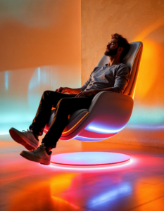 A sleek, ergonomic chair that appears to float slightly above the ground