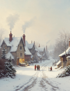 A snow-covered village in winter, smoke curling from chimneys, and children building a snowman under a pale, soft morning light