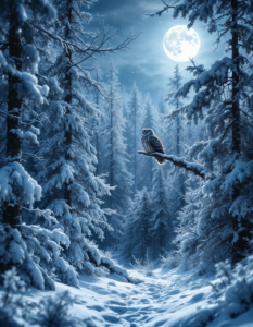 A snowy forest under a full moon, the icy trees glittering with frost as an owl perches silently on a branch