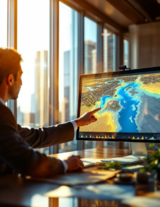 A specialist examining a simulation model of a city’s flood zones, pointing to projections on a large digital map