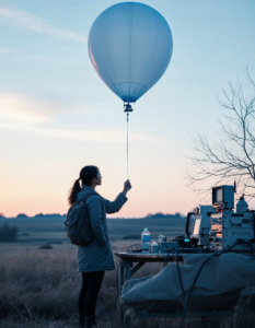 A specialist launching a weather balloon into a bright sky, surrounded by instruments and data logging equipment