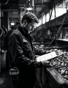 A specialist overseeing tanks filled with young fish in a coastal facility, checking water quality and feeding schedules