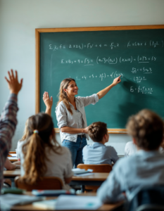 A teacher in a bright classroom, smiling warmly as they write equations on a chalkboard while students raise their hands