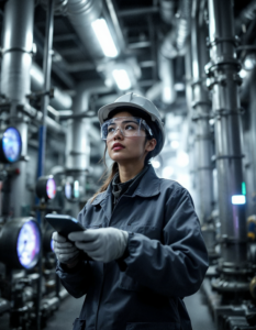 A technician analyzing steam and pressure gauges at a geothermal power plant, surrounded by towering pipes and vents