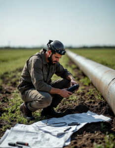 A technician inspecting a remote oil or gas pipeline using ultrasonic equipment, surrounded by open fields and technical diagrams