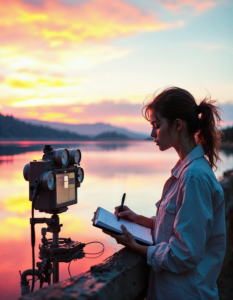 A technician inspecting water levels at a reservoir, with gauges, notebooks, and a calm lake reflecting the sky