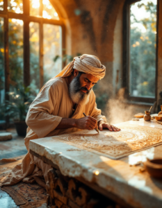 A traditional artisan carving intricate designs into a marble slab, surrounded by fine dust and age-old chiseling tools