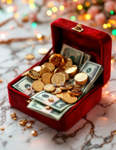 A velvet box holding diamonds, gold coins, and wads of currency, sitting atop a marble table