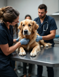 A veterinarian gently examining a golden retriever on a table, with pet owners waiting anxiously in the background