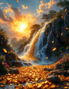 A vibrant waterfall of golden coins pouring from a treasure chest, glimmering under a radiant sunset