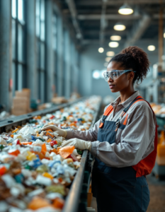 A worker overseeing conveyor belts filled with recyclable materials, ensuring proper sorting and operation of machinery